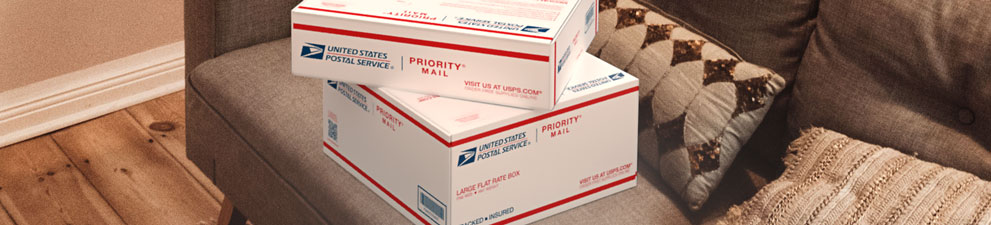 放在沙发上的两个 Priority Mail<sup>®</sup> 包装盒。