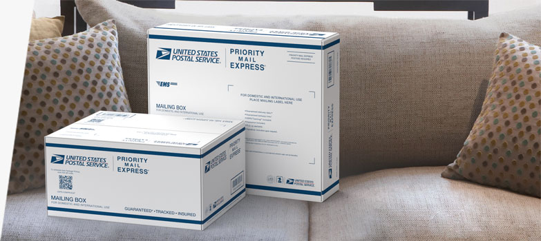 放在沙发上的两个 Priority Mail Express® 包装盒。