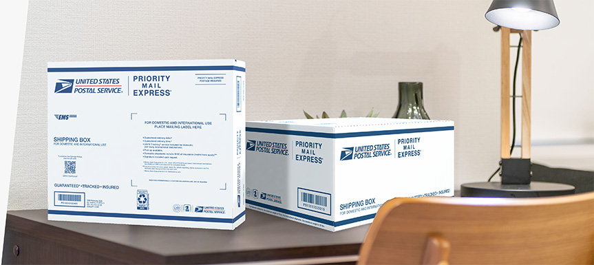 Two Priority Mail Express® boxes sitting on a couch.