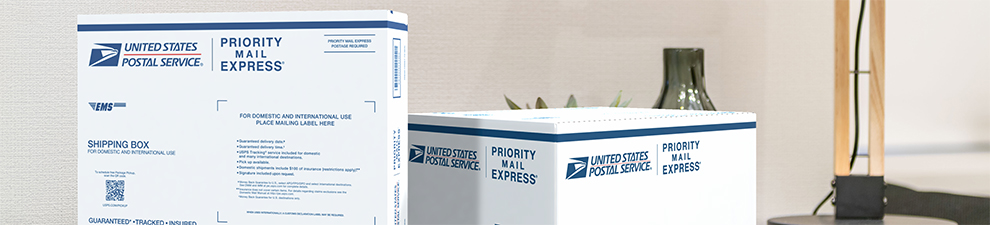 放在沙发上的两个 Priority Mail Express® 包装盒。