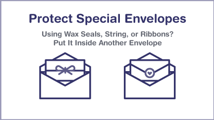 Protect Special Envelopes. Using Wax Seals, String, or Ribbons? Put it inside another envelope. Illustrations of string and wax sealed special envelopes being sealed in other envelopes.