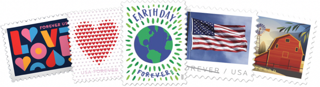 Featured postage stamps: Love, Made of Hearts, Earth Day, US Flag, and Barns.