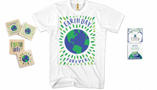Earth Day stamp-art-inspired coasters, t-shirt, and more gifts.