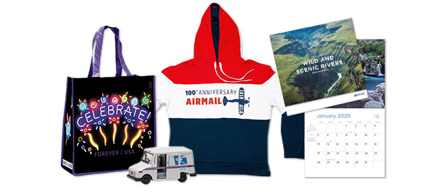 Neon Celebrate tote bag, Airmail hoodie, Postal Delivery LLV toy truck, 2020 Wild and Scenic Rivers calendar.