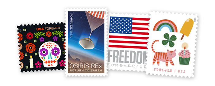 Forever Stamp designs for Day of the Dead, OSIRIS-Rex, U.S. Flag 2023, and Thinking of You.