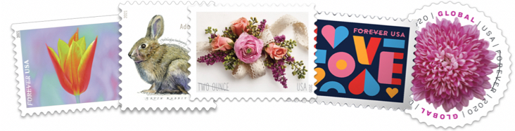 Featured postage stamps: Garden Beauty, Brush Rabbit, Garden Corsage, Love, and Chrysanthemum.