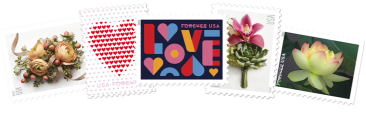 Featured postage stamps: Contemporary Boutonniere, Made of Hearts, Love, Garden Corsage, and Garden Beauty.
