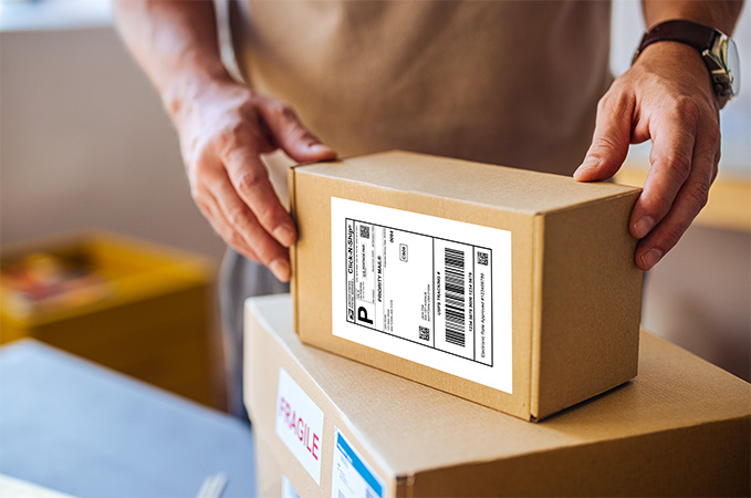 Person preparing a stack of packages that have Click-N-Ship labels.