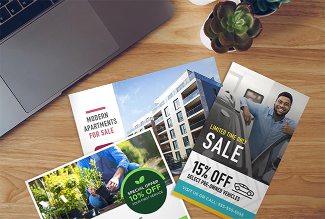 Marketing flyers on a desk beside a laptop.