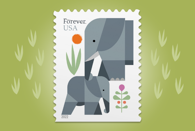 在绿色背景上的一枚单独的《Elephant》Forever Stamp (永久邮票)。