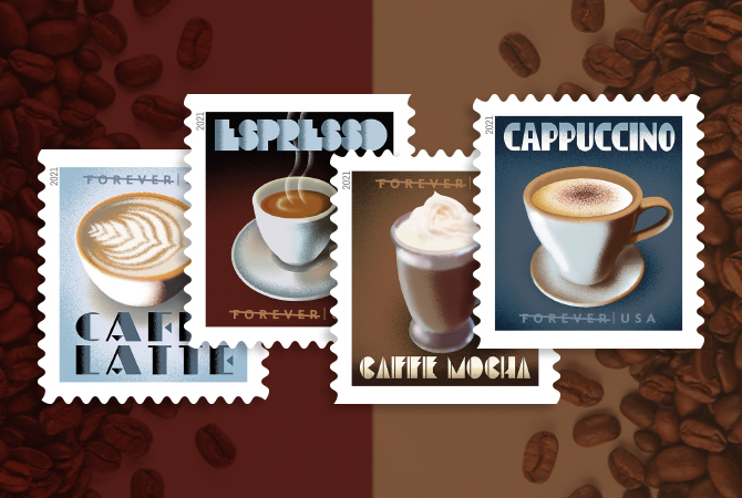 Featured postage stamps: Caffe Latte, Espresso, Caffe Mocha, Cappuccino.
