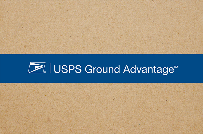 USPS Ground Advantage. A blue banner on a brown background.