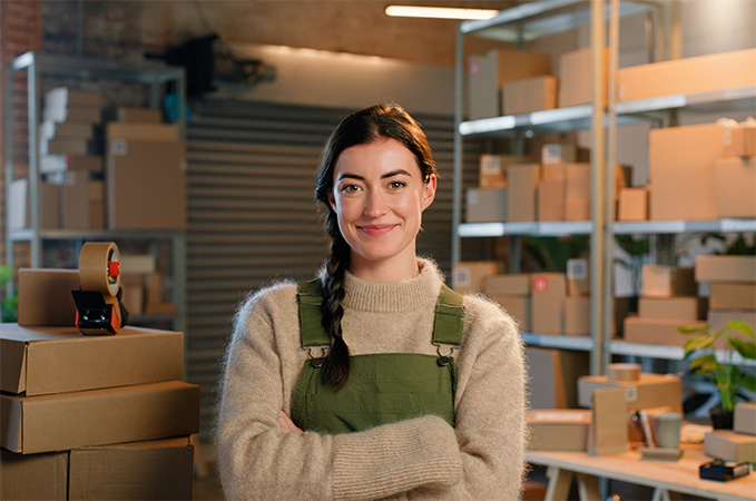 USPS Ground Advantage. A person standing in front of a shelf of shipping boxes.