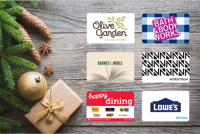 Olive Garden, Bath & Body Works, Barnes & Noble, Nordstrom, Happy Dining, and Lowes gift cards.