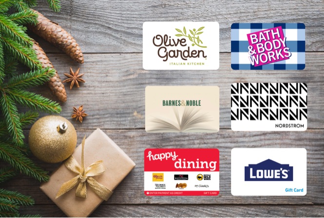 Olive Garden, Bath & Body Works, Barnes & Noble, Nordstrom, Happy Dining, and Lowes gift cards.