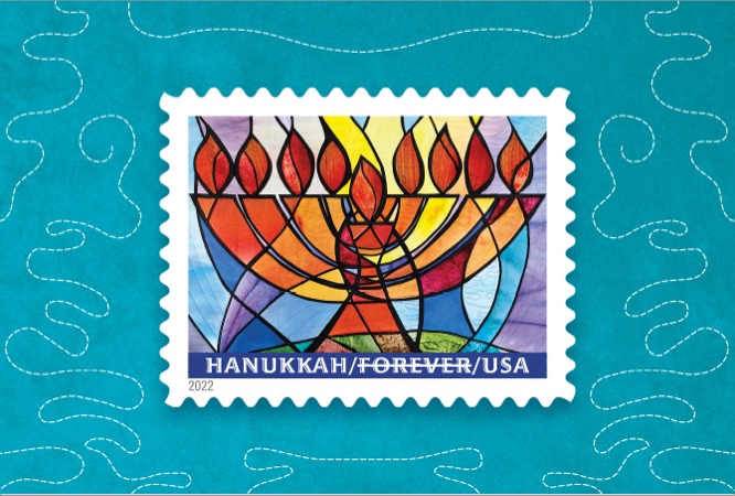 Hanukkah Forever Stamp on a blue background.