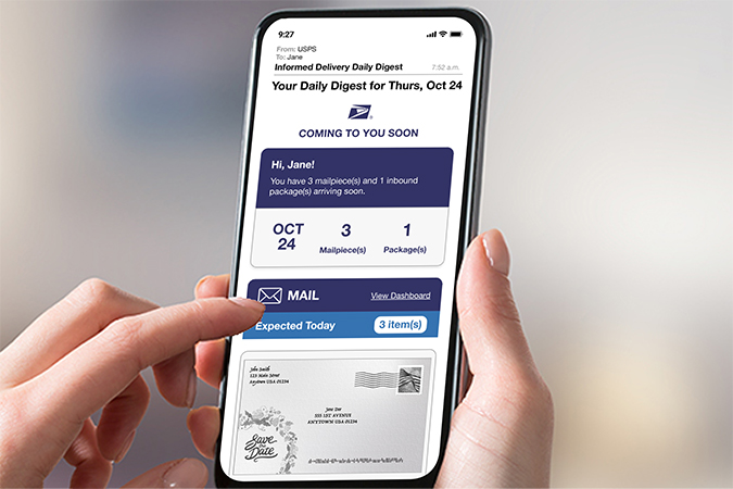 A smartphone showing a Informed Delivery Daily Digest email.