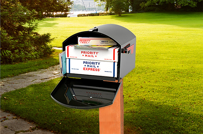 An open package mailbox with letters as well as Priority Mail and Priority Mail Express boxes inside.