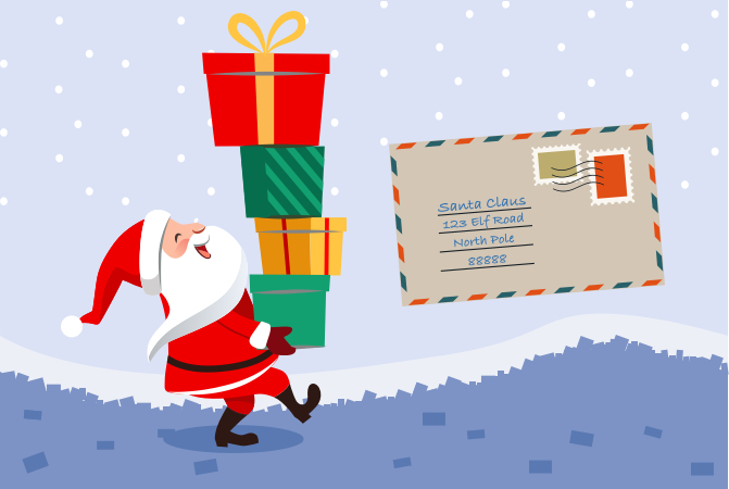 一个卡通圣诞老人携带一堆包裹，旁边有一封信给圣诞老人。