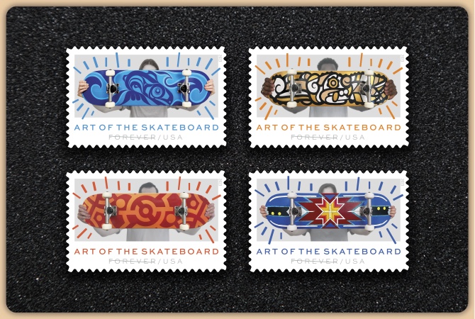 Four different Art of the Skateboard Forever Stamps.