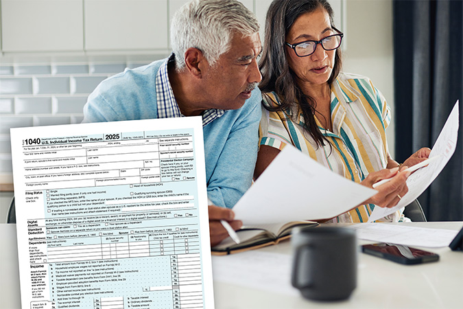 An IRS form 1040 with people in the background working on paperwork.