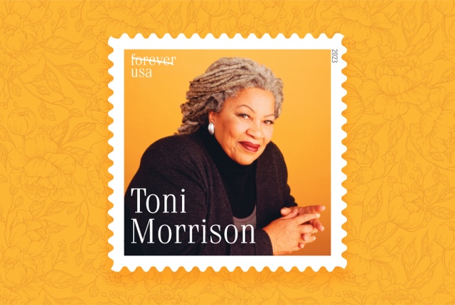 Toni Morrison Forever Stamps on an orange background.