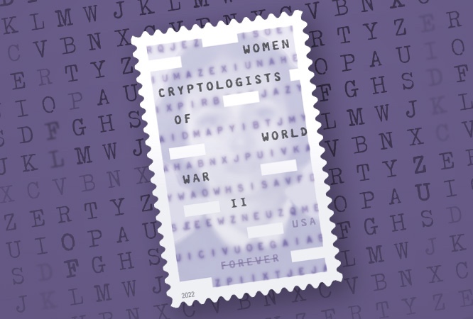 Women Cryptologists of World War 2 Forever stamp on a purple background of random letters.