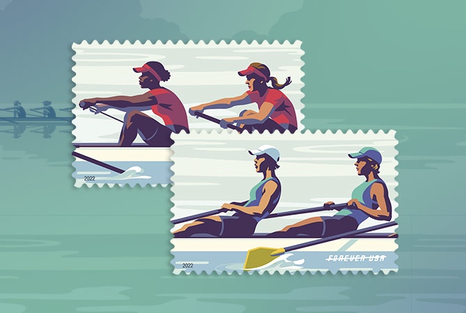Two Women's Rowing Forever stamps.