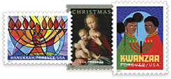 Holiday-themed stamps for Hanukkah, Christmas, and Kwanzaa.
