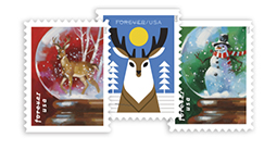 两枚《Snow Globes》邮票和一枚《Winter Woodland Animal》邮票。