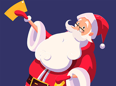 A cartoon Santa holding up an envelope with other mail in the background.