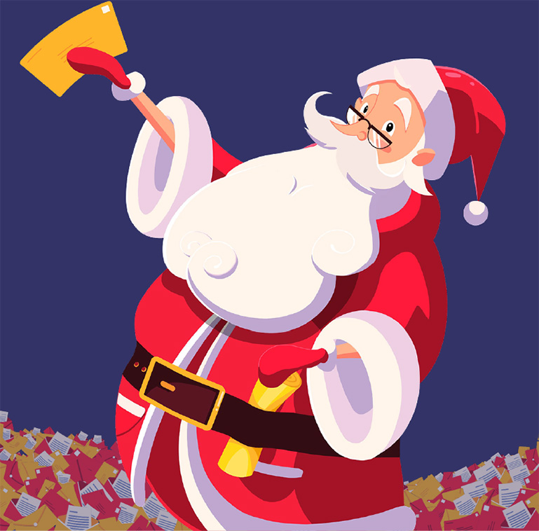 A cartoon santa handing an envelope to someone.
