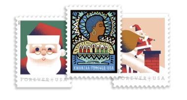 Kwanzaa Holiday Forever Stamps and two Santa stamps.