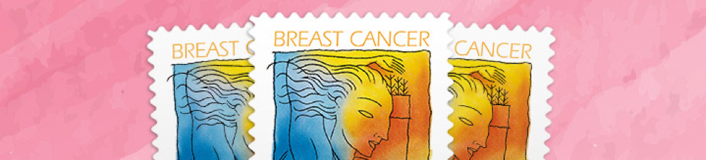 Three Breast Cancer Research semipostal stamps on a pink background.