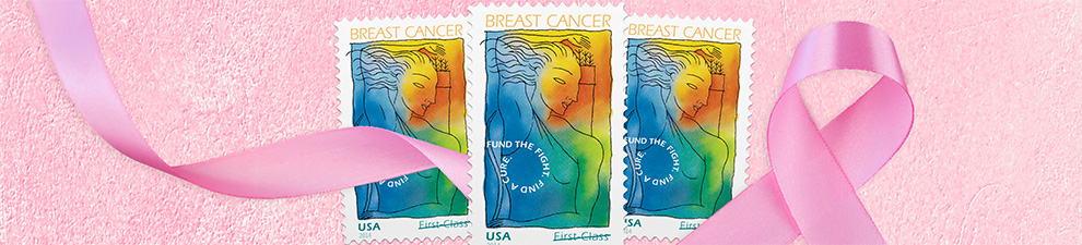 《Breast Cancer Research》附捐邮票衬于粉红色背景下。