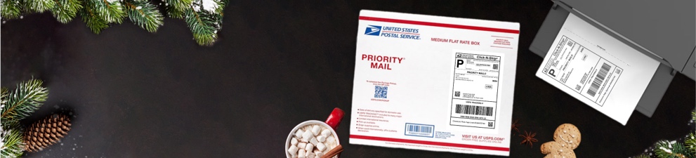 USPS Priority Mail Flat Rate boxes and an envelope with a Forever Stamp sitting on a table.