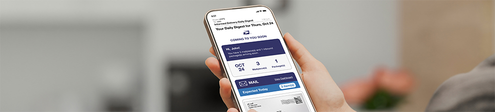 A smartphone showing an Informed Delivery Daily Digest email with an incoming letter and package tracking information.