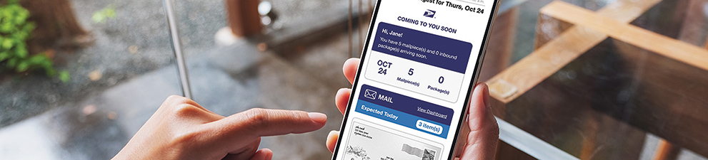 A smartphone showing an Informed Delivery Daily Digest email with an incoming letter and package tracking information.