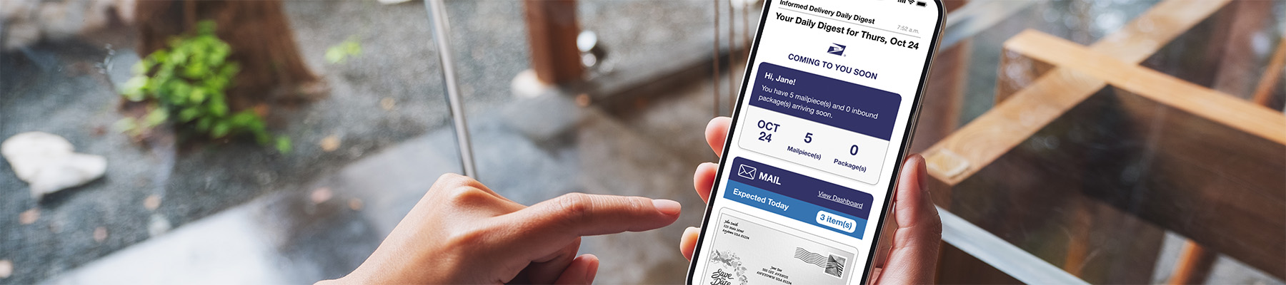 A smartphone showing an Informed Delivery Daily Digest email with an incoming letter and package tracking information.