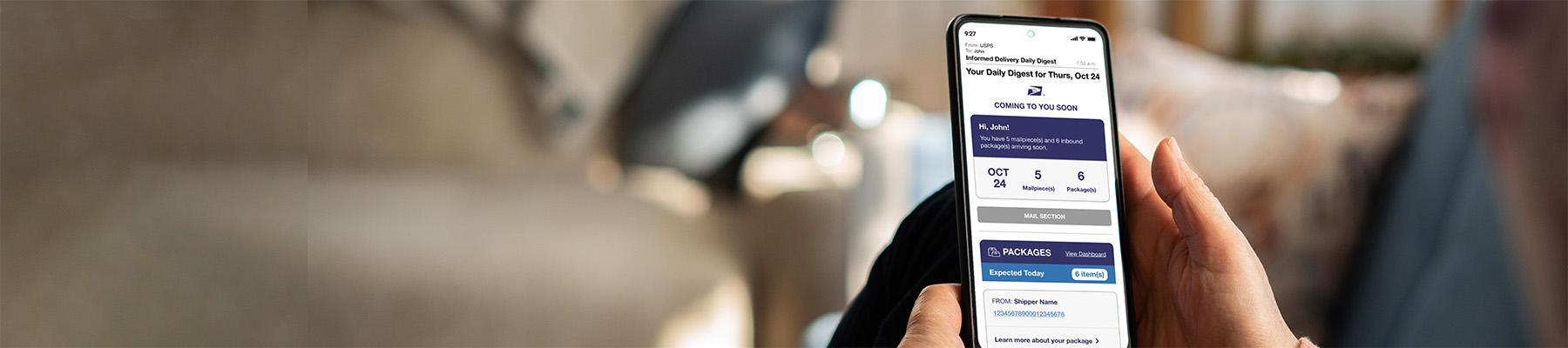 A smartphone showing an Informed Delivery Daily Digest email with an incoming letter and package tracking information.