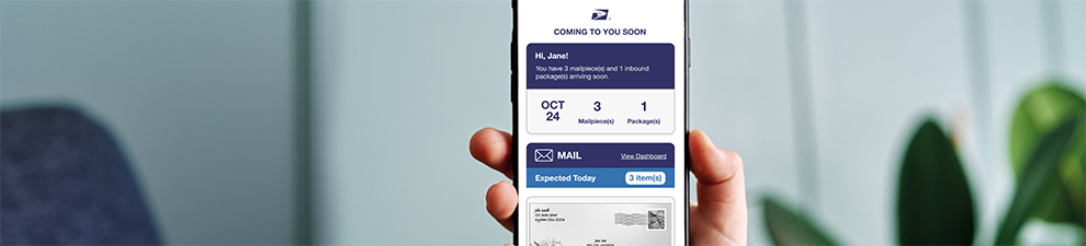 A smartphone showing an Informed Delivery Daily Digest email with an incoming letter and package tracking information.