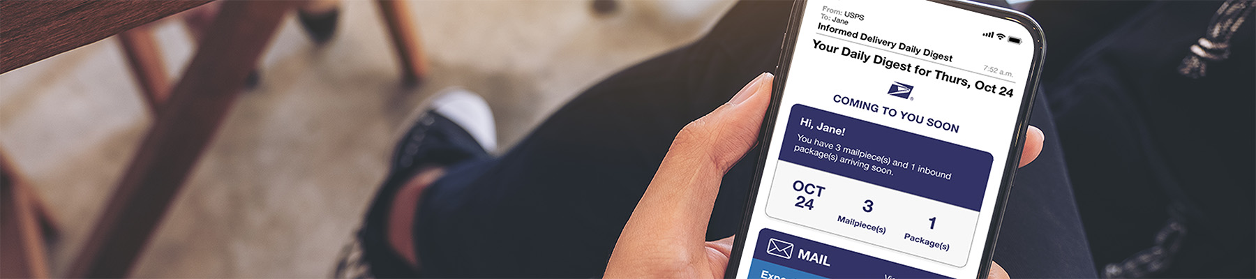 A smartphone showing an Informed Delivery Daily Digest email with an incoming letter and package tracking information.