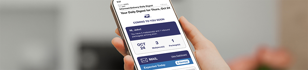 A smartphone showing an Informed Delivery Daily Digest email with an incoming letter and package tracking information.