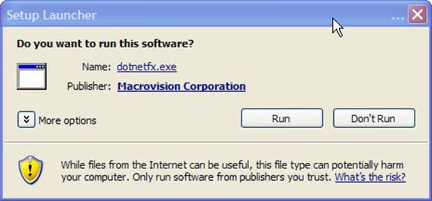 This image represents the setup launcher that appears if you are installing Shipping Assistant and do not have .NET 2.0 framework already installed. This prompt requests if you wish to run dotnetfx.exe file from the Macrovision Coporation publisher. Click Run to continue with Shipping Assistant installation process.