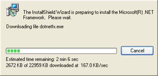 This image represents the install shield wizard that appears if you are installing Shipping Assistant and do not have .NET 2.0 framework already installed. This prompt displays the progress of installing the Microsoft .NET Framework