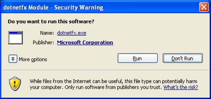 This image represents the setup launcher that appears if you are installing Shipping Assistant and do not have .NET 2.0 framework already installed. This prompt requests if you wish to run dotnetfx.exe file from the Microsoft Corporation publisher. Click Run to continue with Shipping Assistant installation process.