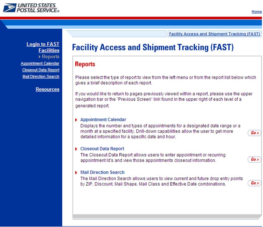 This image represents the Facility Access and Shipment Tracking (FAST) web page on www.usps.com.
