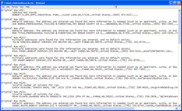 This image represents the look of the error log that can be exported from the Failed Records page. This file details the original row number, the reason why an address failed, and details regarding the particular address