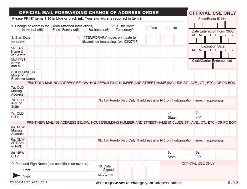 What does PS Form 3575 (Mail Forwarding Change of Address Order) Look Like?