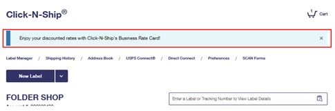 The highlighted banner above the menu says "Enjoy your discounted rates with Click-N-Ship’s Business Rate Card!" The highlighted banner above the menu says "Enjoy your discounted rates with Click-N-Ship’s Business Rate Card!"